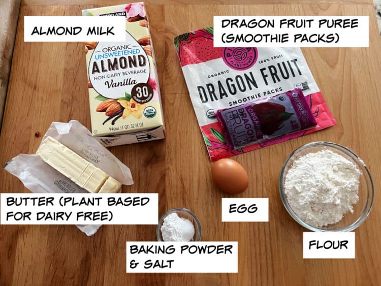 ingredients: almond milk, pitaya puree, flour, baking soda, salt, egg and butter