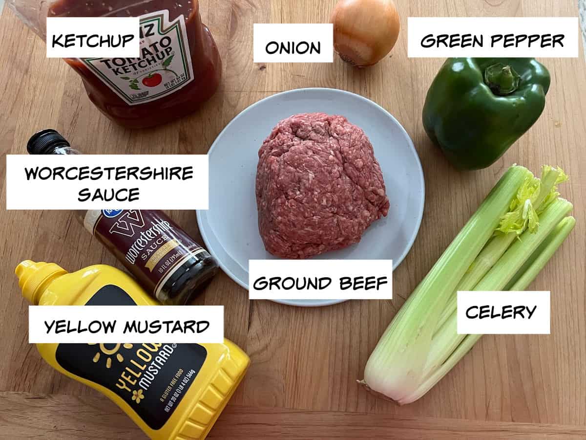 ingredients: ketchup, worcestershire sauce, onion, green pepper, celery, yellow mustard, ground beef.