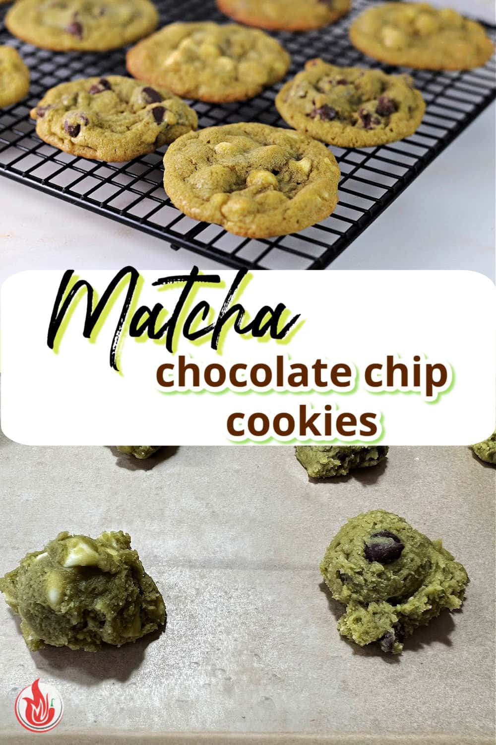 pin image fro matcha chocolate chip cookies.
