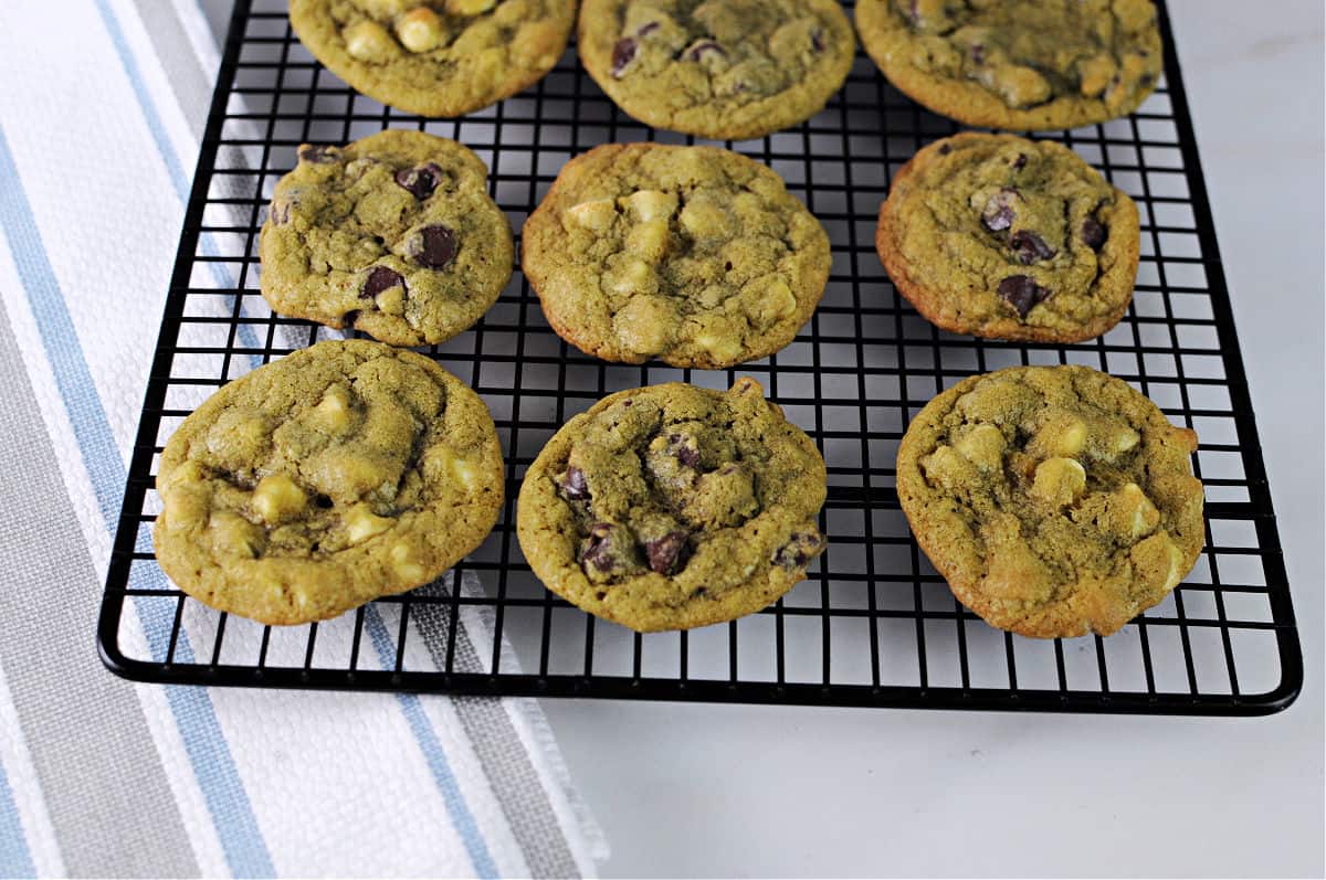 matcha chocolate chip cookies cooling on a wire rack.