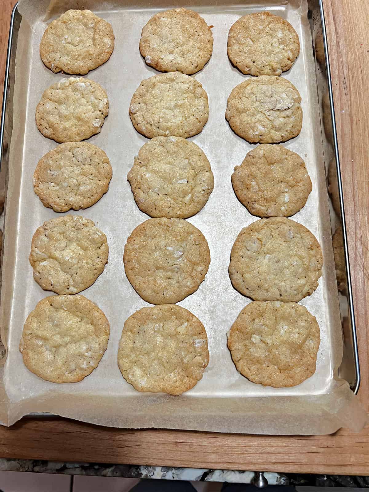 baked coconut oatmeal cookies cooling on the baking sheet.