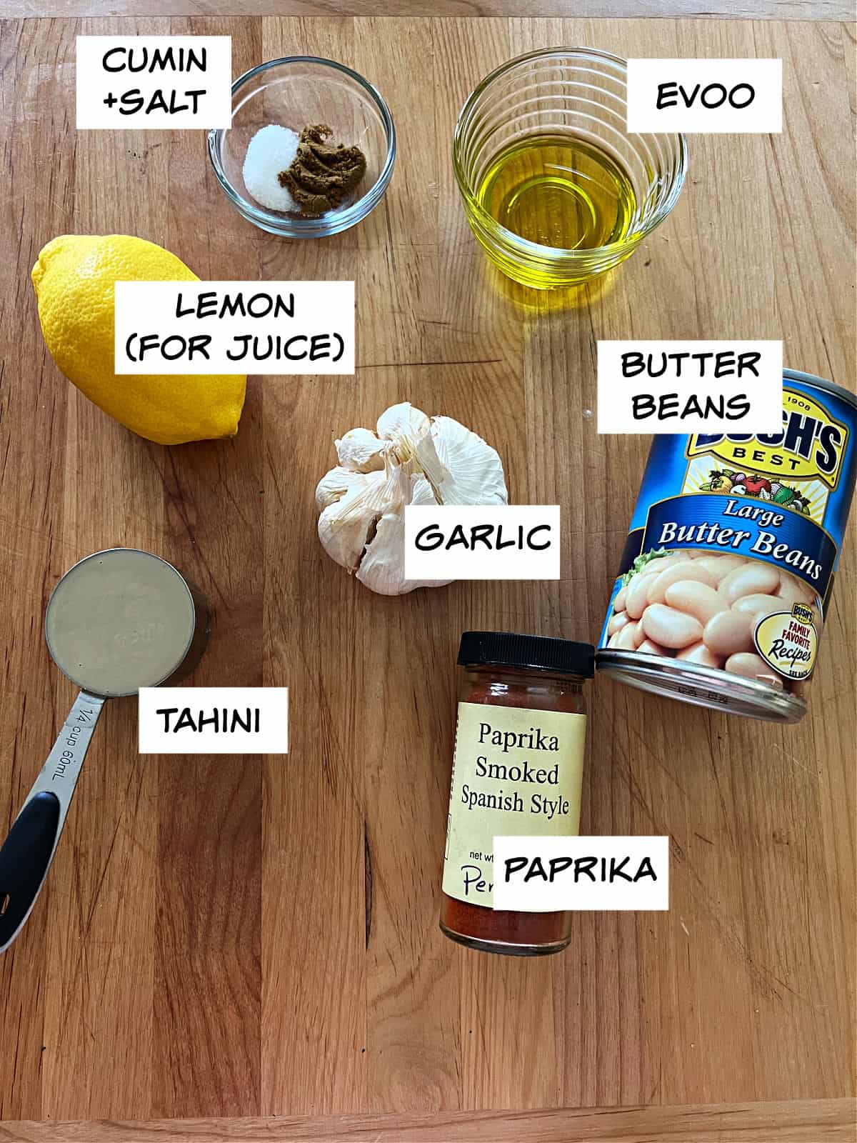 ingredients: lemon, spices, butter beans, garlic, and tahini.