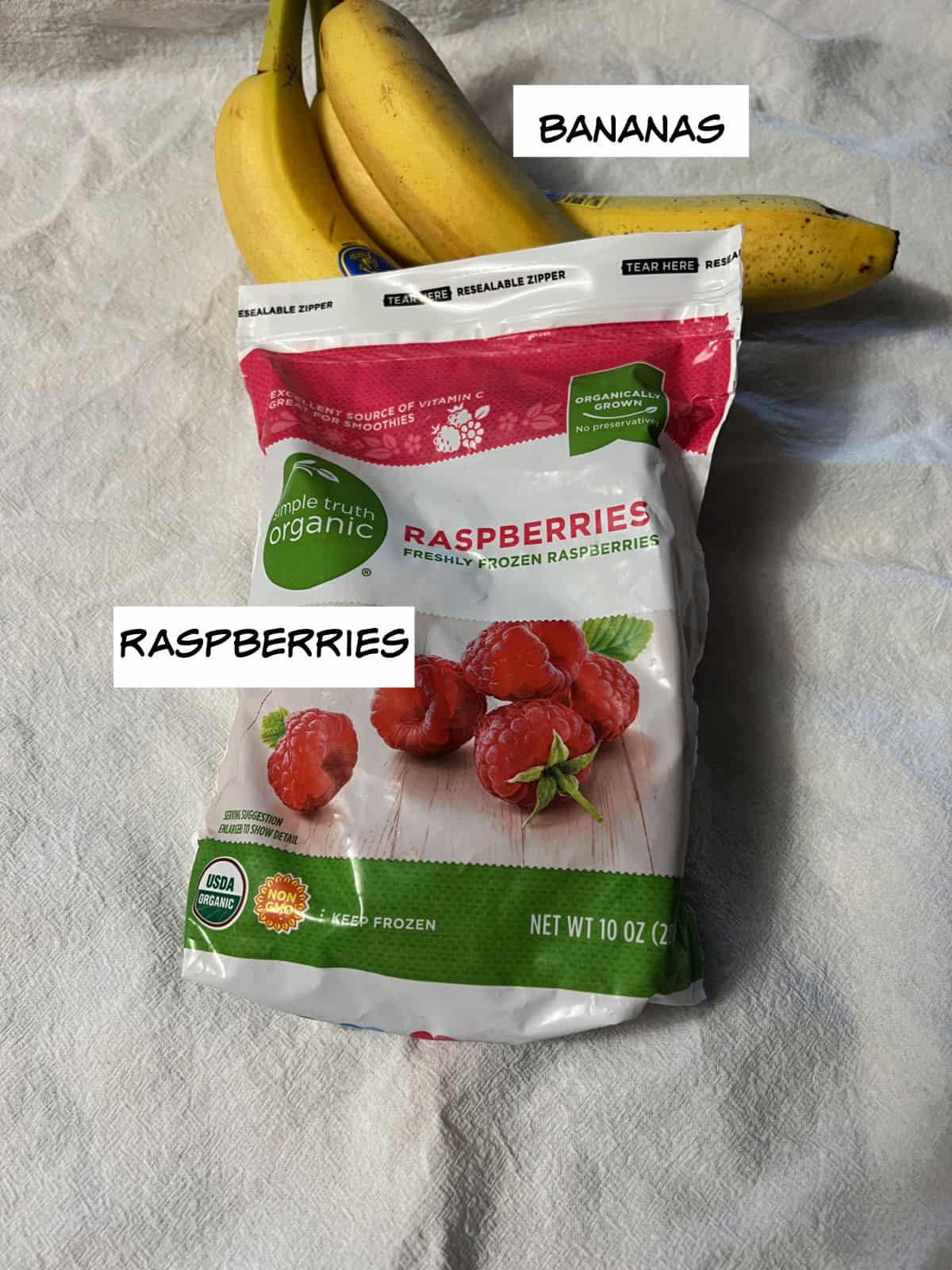 ingredients: bananas and frozen raspberries.