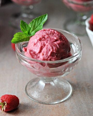 scoop of raspberry nice cream in a dessert glass.
