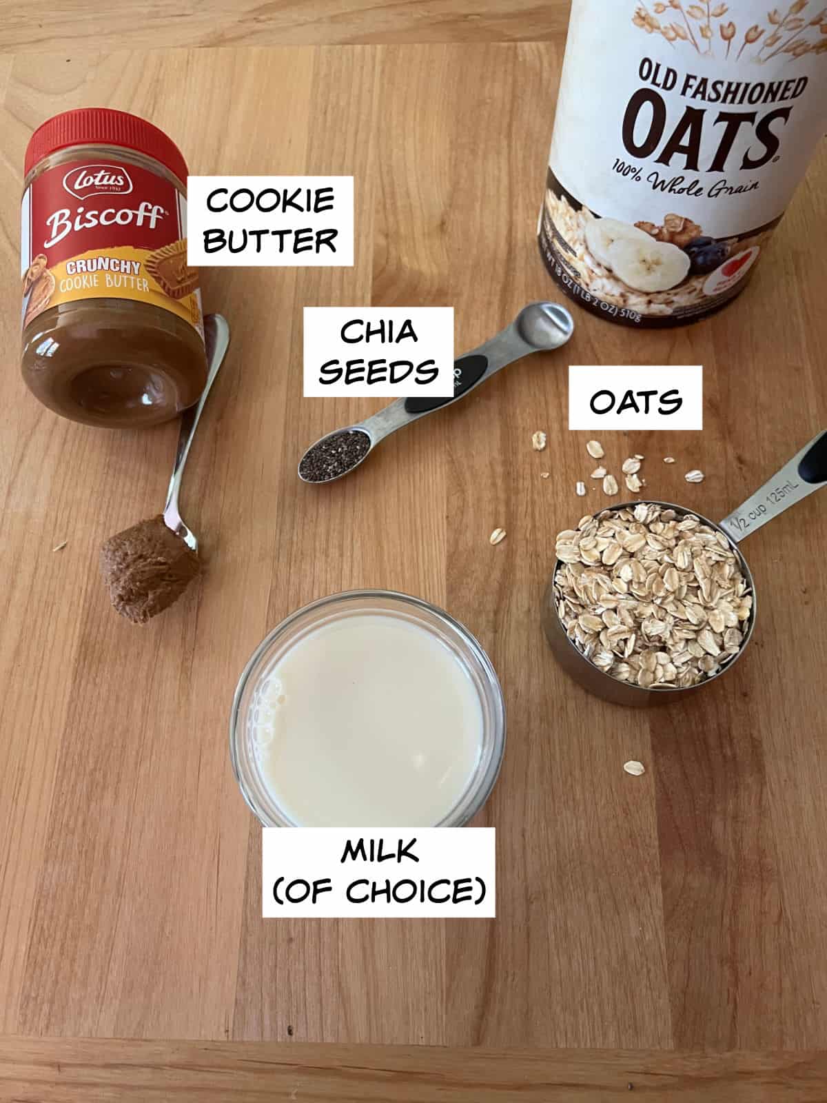 ingredients: cookie butter spread, oats, chia seeds, and milk.