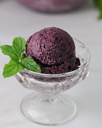 dessert glass holding a scoop of blueberry mint nice cream, garnished with fresh mint.