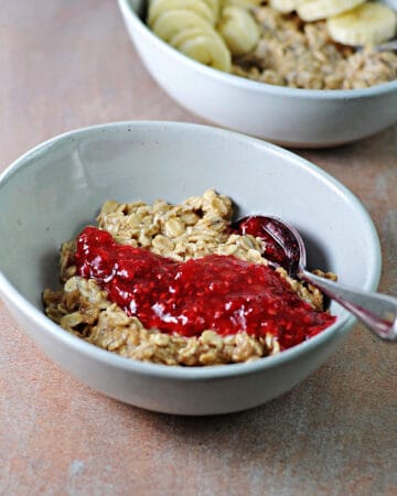 P B & J or peanut butter overnight oats with jam or bananas.