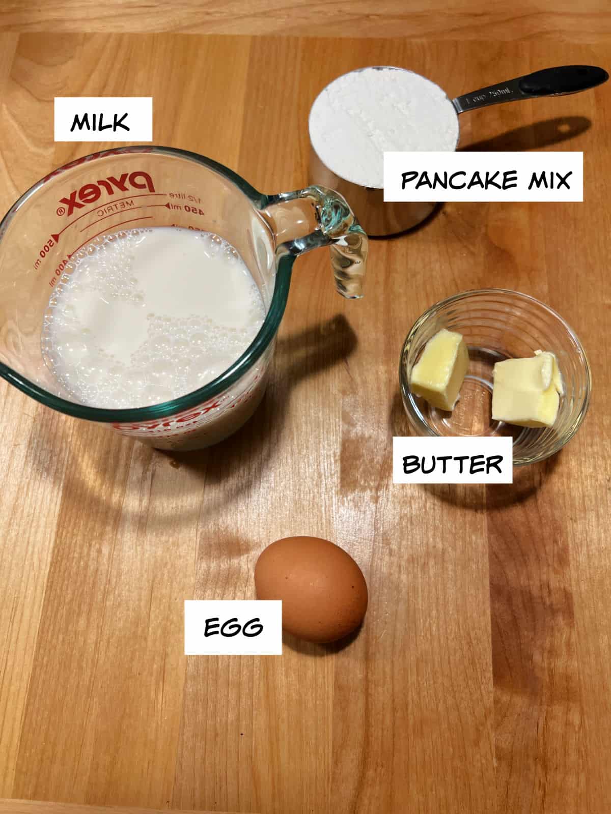 ingredients: milk, pancake mix, butter, egg.