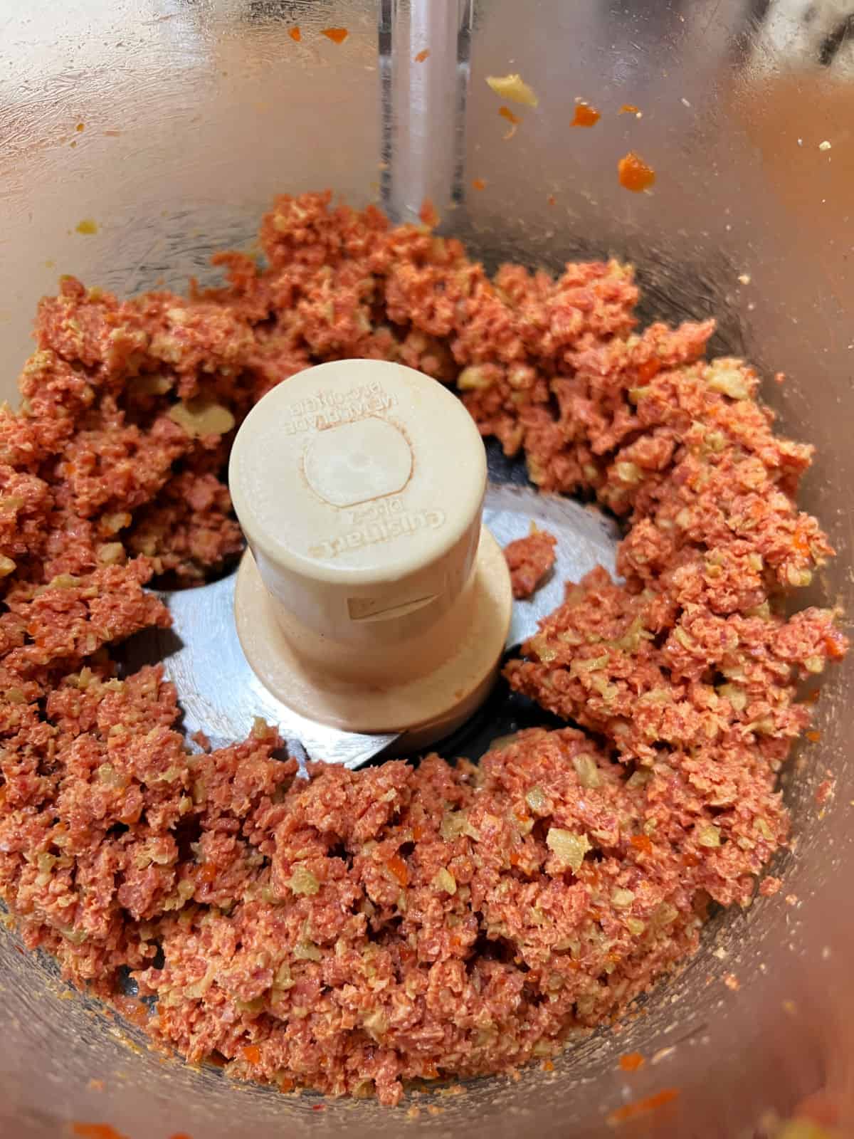 chopped pepperoni in a food processor
