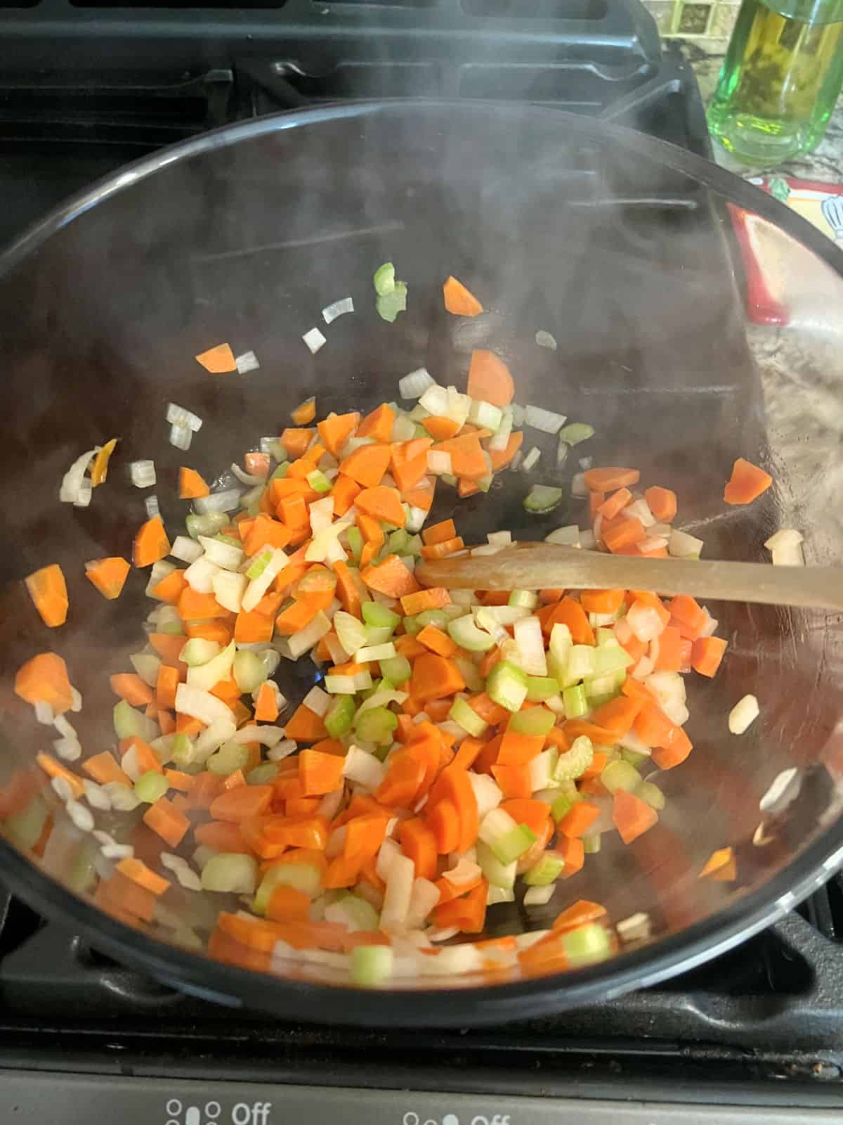 mirepoix cooking in the pan.