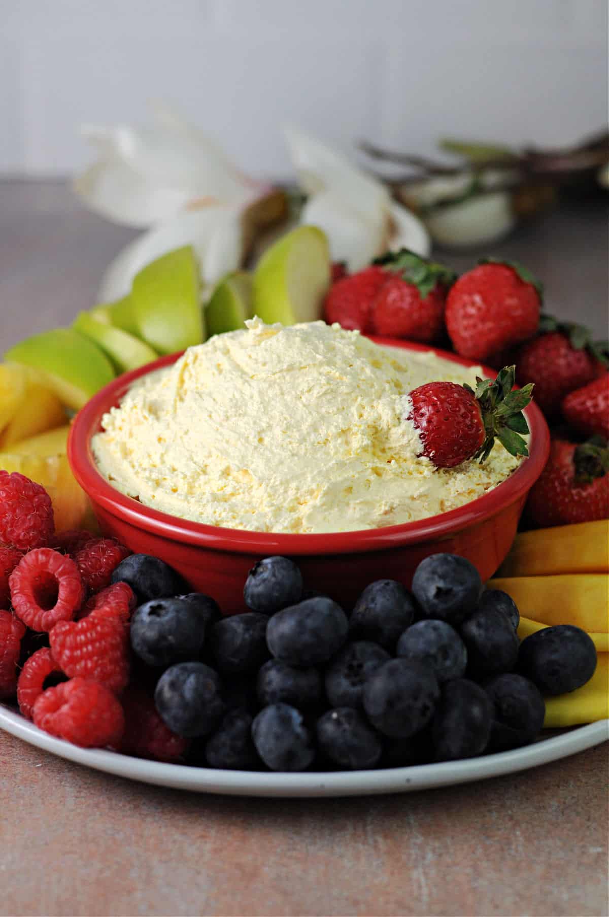 fruit dip made from 2 ingredients as part of a fruit tray.