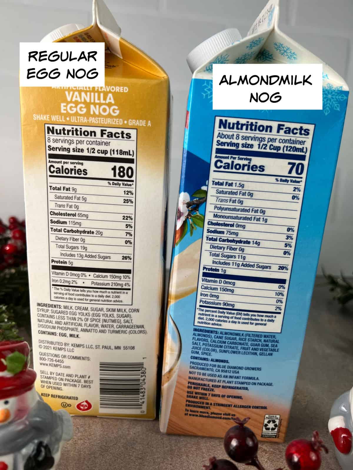 nutrition labels comparison of classic egg nog vs almondmilk nog.