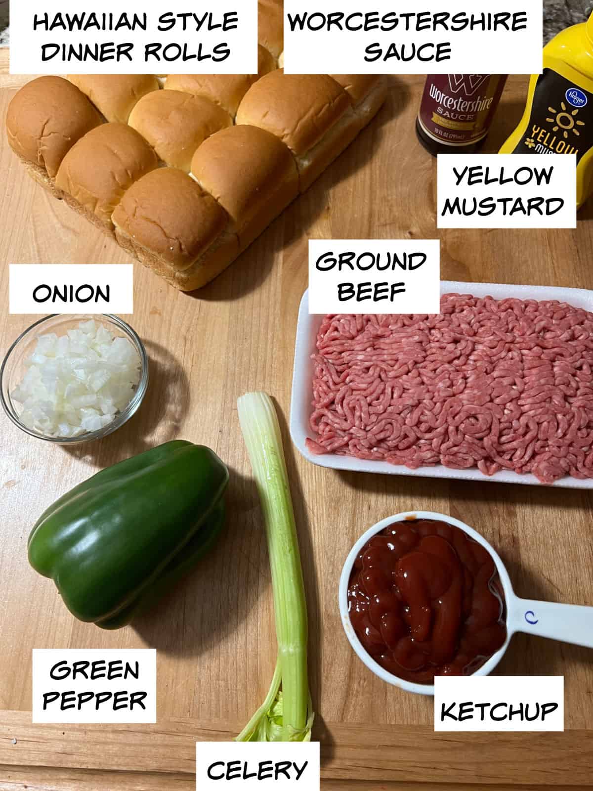 ingredients: dinner rolls, Worcestershire sauce, yellow mustard, ground beef, onion, green pepper, celery, ketchup.