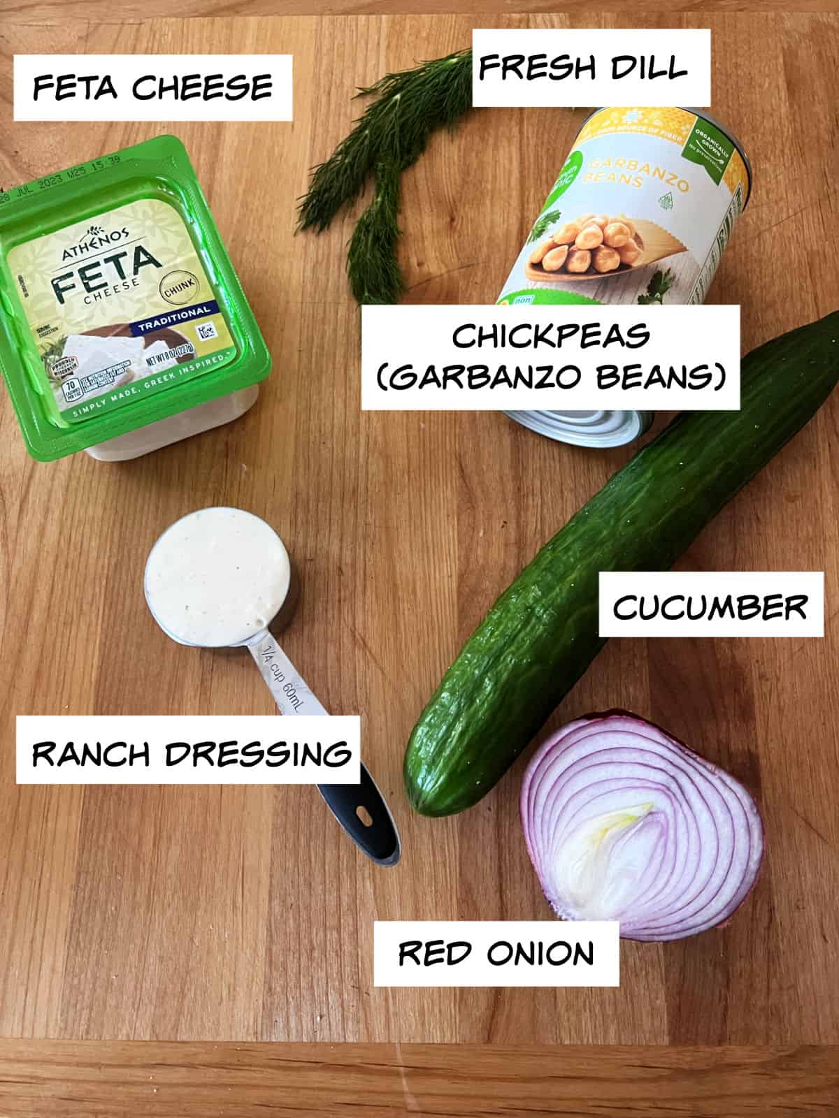 ingredients: feta cheese, chickpeas, cucumber, red onion, ranch dressing.