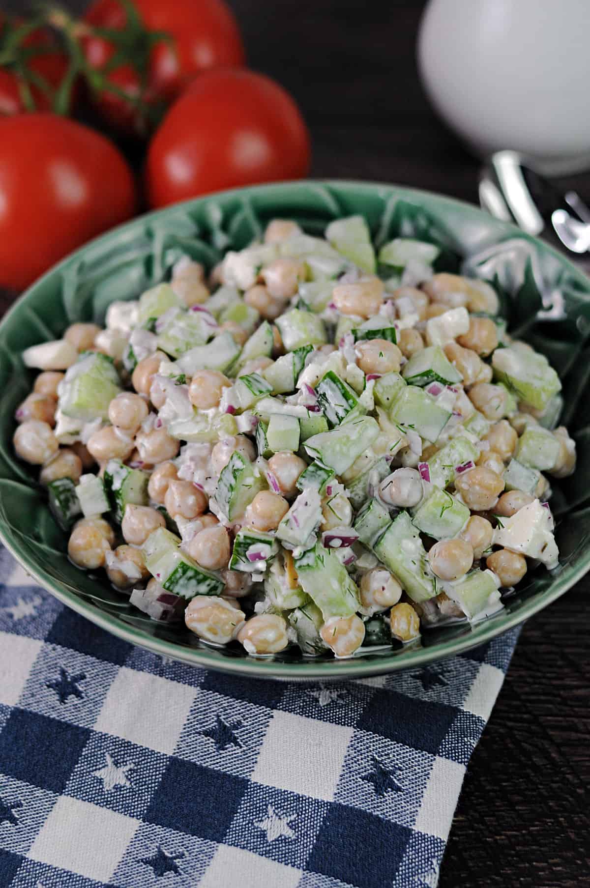 cucumber chickpea salad in a serving bowl.