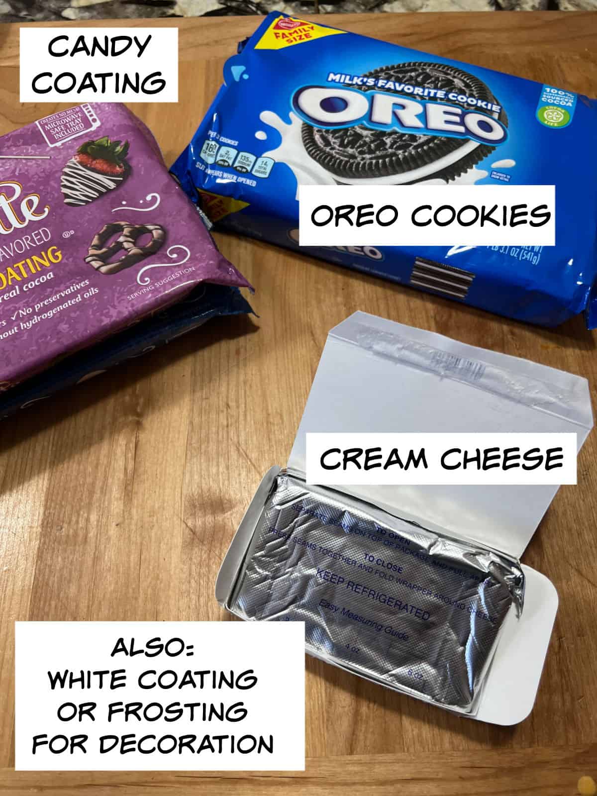 ingredients: oreo cookies, cream cheese, and candy coating. Also a note for options  to make white decorations, either frosting or white chocolate.