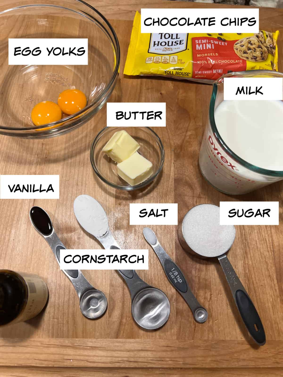 ingredients: egg yolks, chocolate chips, milk, butter, sugar, salt, cornstarch, vanilla.