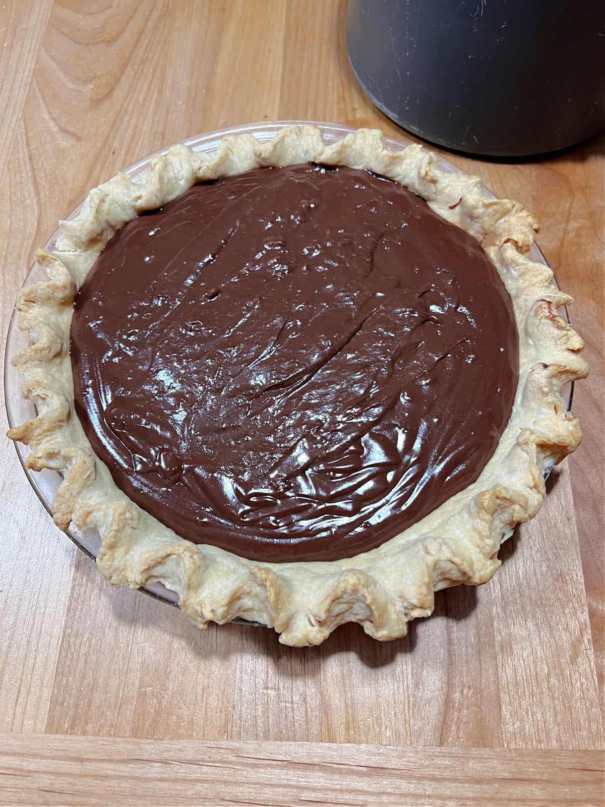 pie crust filled with no bake chocolate custard filling.