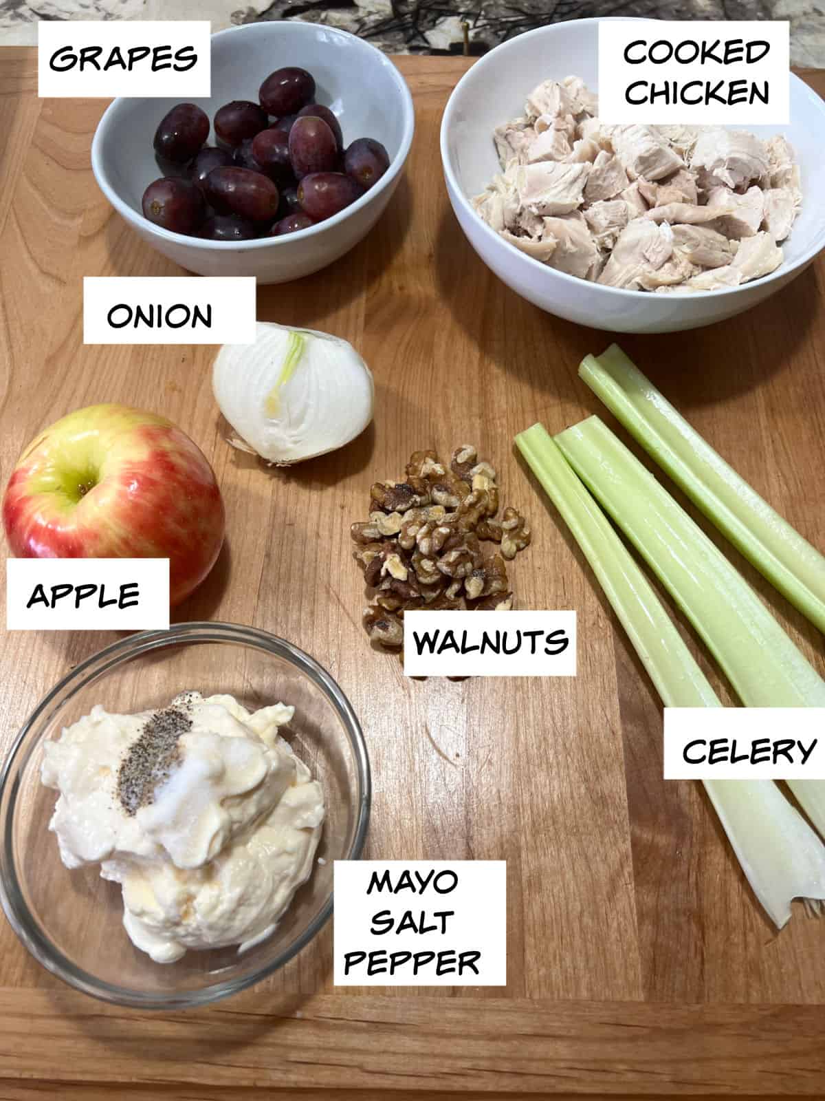ingredients: grapes, chicken, celery, onion, apple, walnuts, mayo, salt, and pepper.