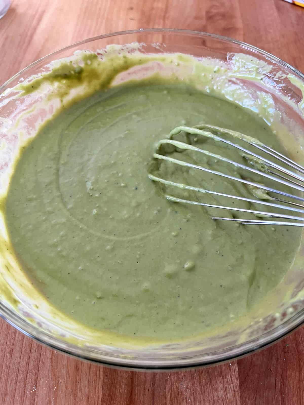 matcha pancake batter all mixed and ready to cook.