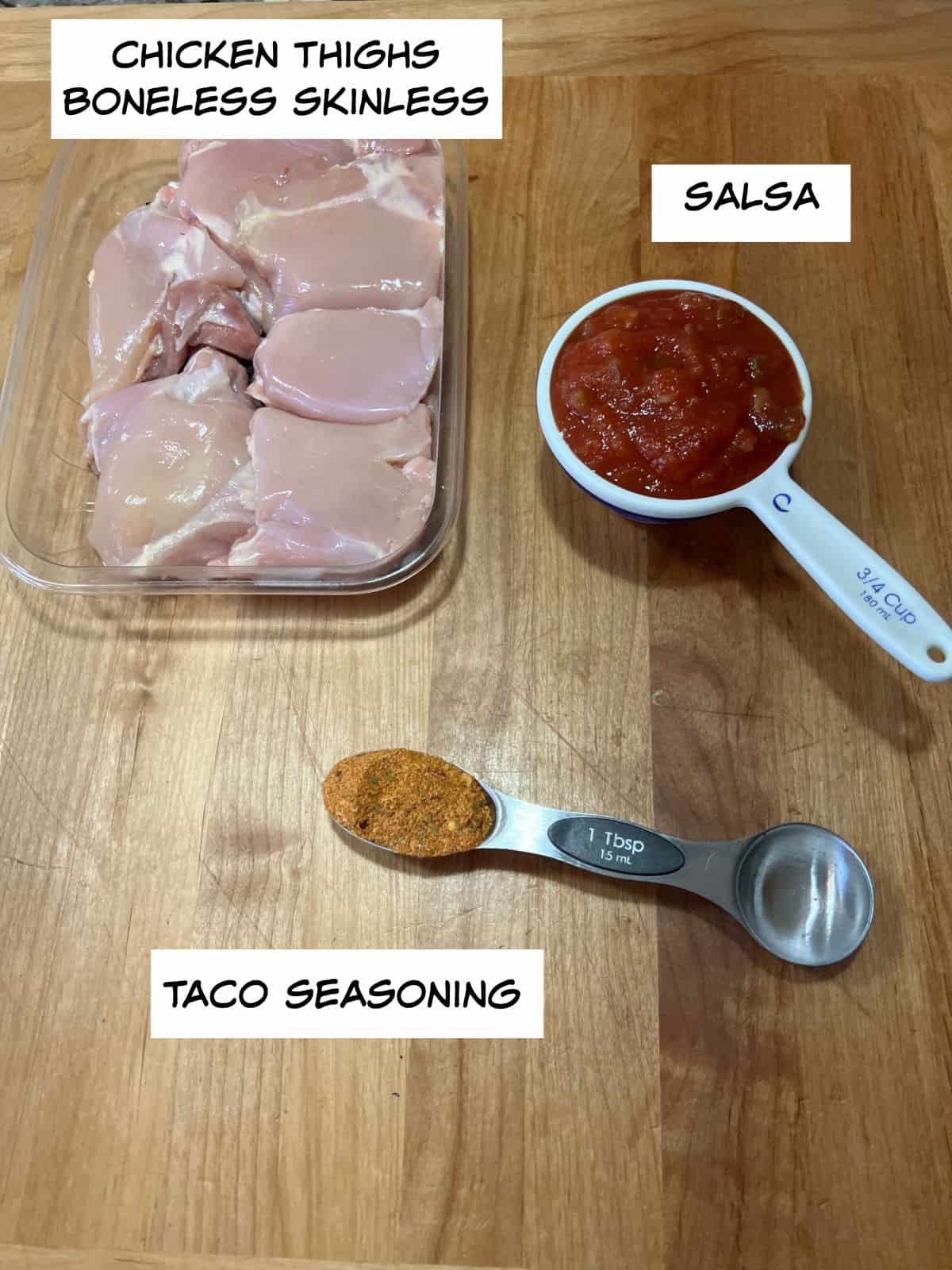 ingredients: chicken, taco seasoning, and salsa.