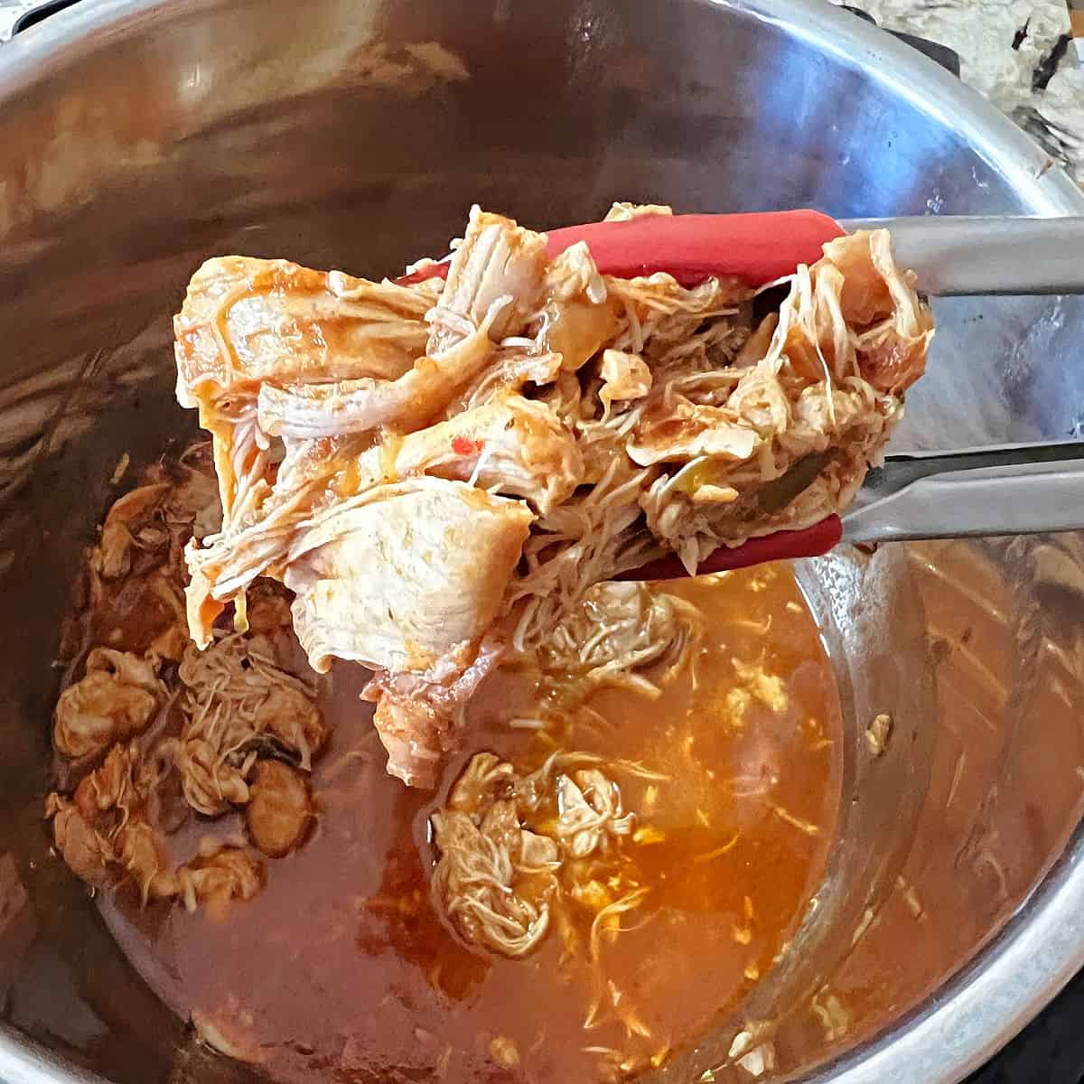 salsa chicken being held by a tongs over the instant pot.