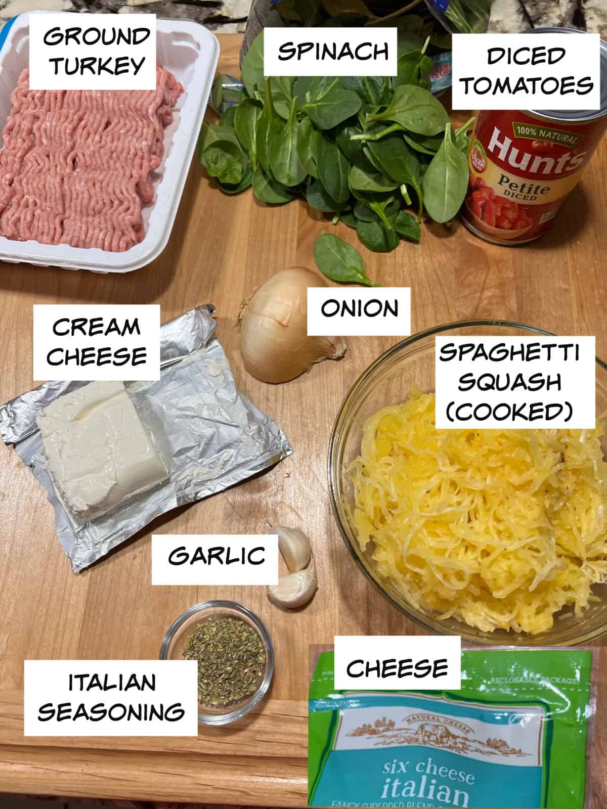 ingredeints: ground turkey, spinach, diced tomatoes, cream cheese, onion, cooked spaghetti squash,garlic, Italian seasoning, and cheese.