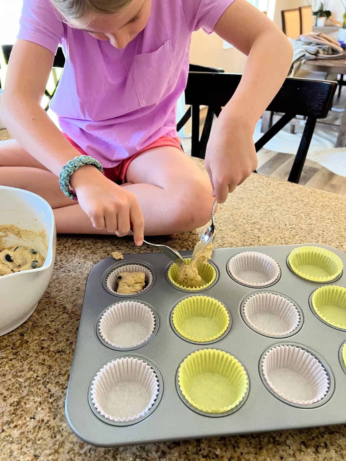 dividing the batter between the muffin cups.