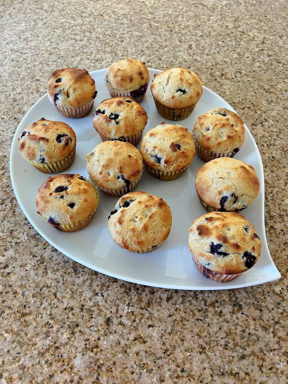tray of blueberry muffins made with pancake mix.