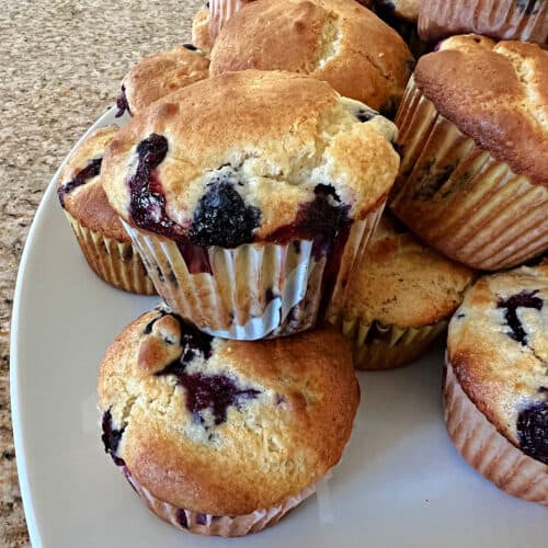pancake mix blueberry muffins on a serving tray.