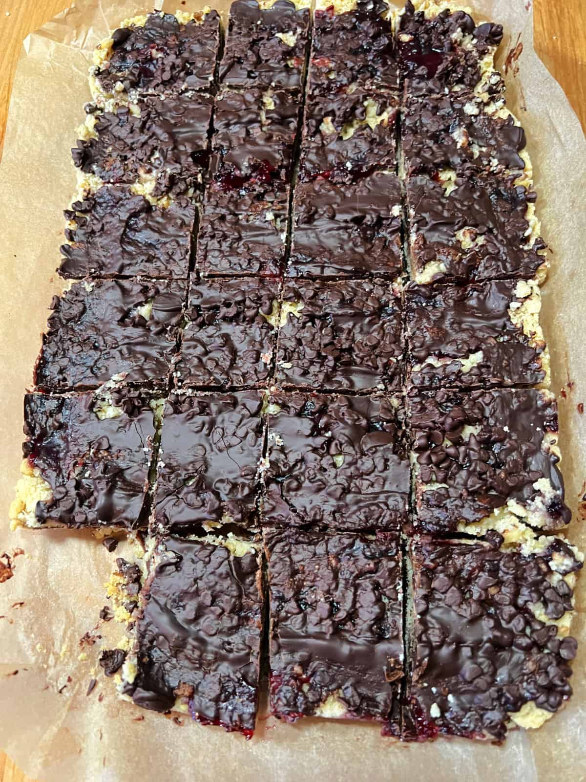 Entire pan of dessert cut into bars.