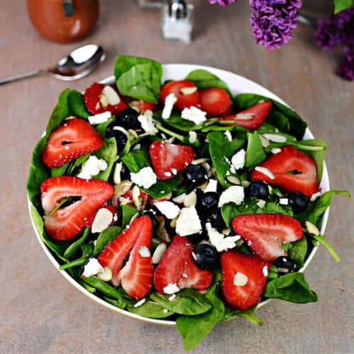 Strawberry Blueberry Spinach Salad ready to serve.
