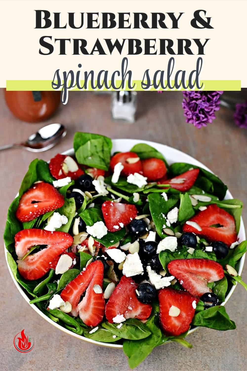 Pin for spinach salad with strawberries and blueberries.