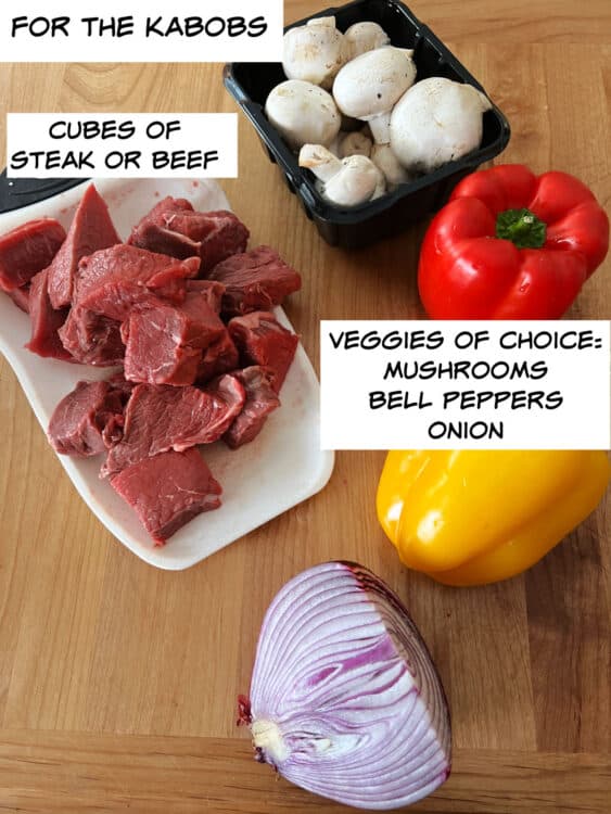 Kabob ingredients: cubes of meat and vegetables of choice.