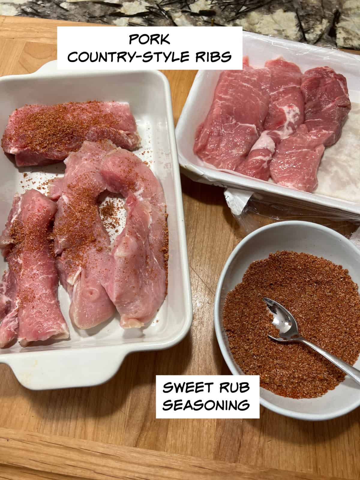 Pork country-style ribs and a bowl of seasoning blend.