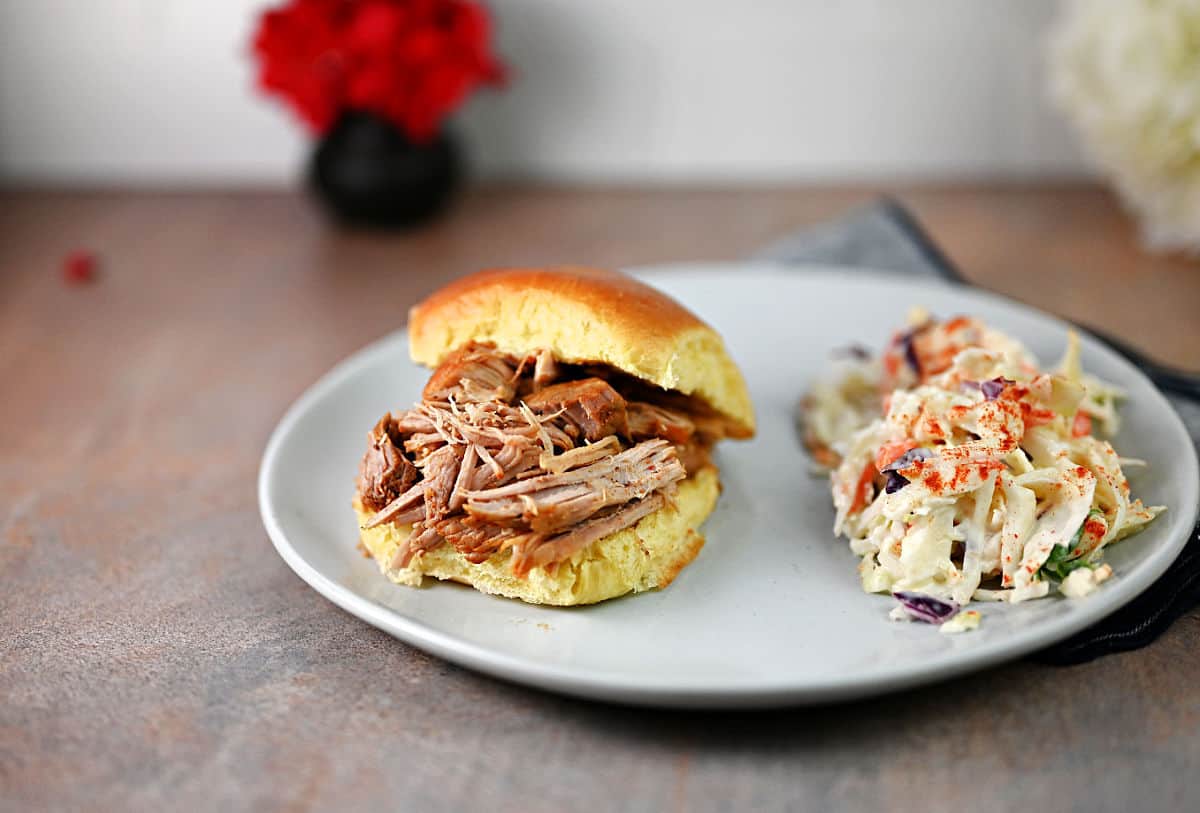 A plate with a pulled pork sandwich and coleslaw on the side.