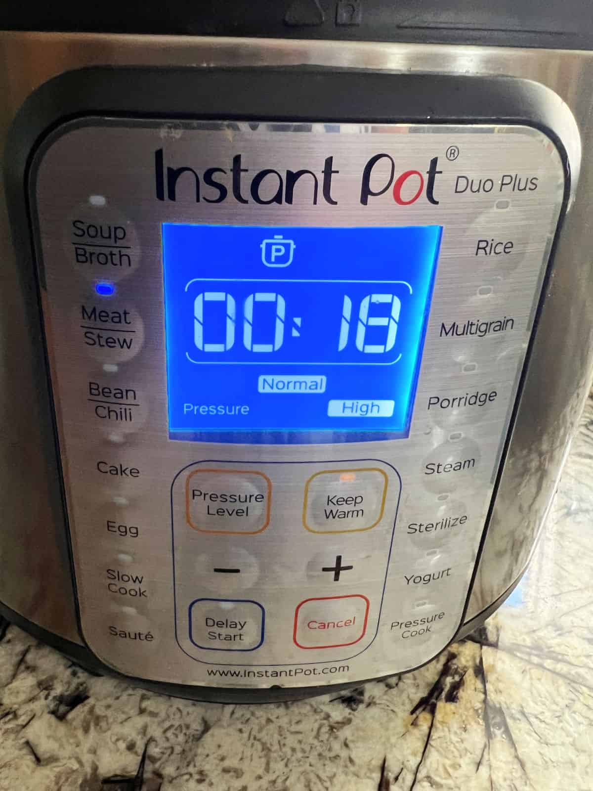 Instant Pot showing the setting to cook for 18 minutes on high pressure.