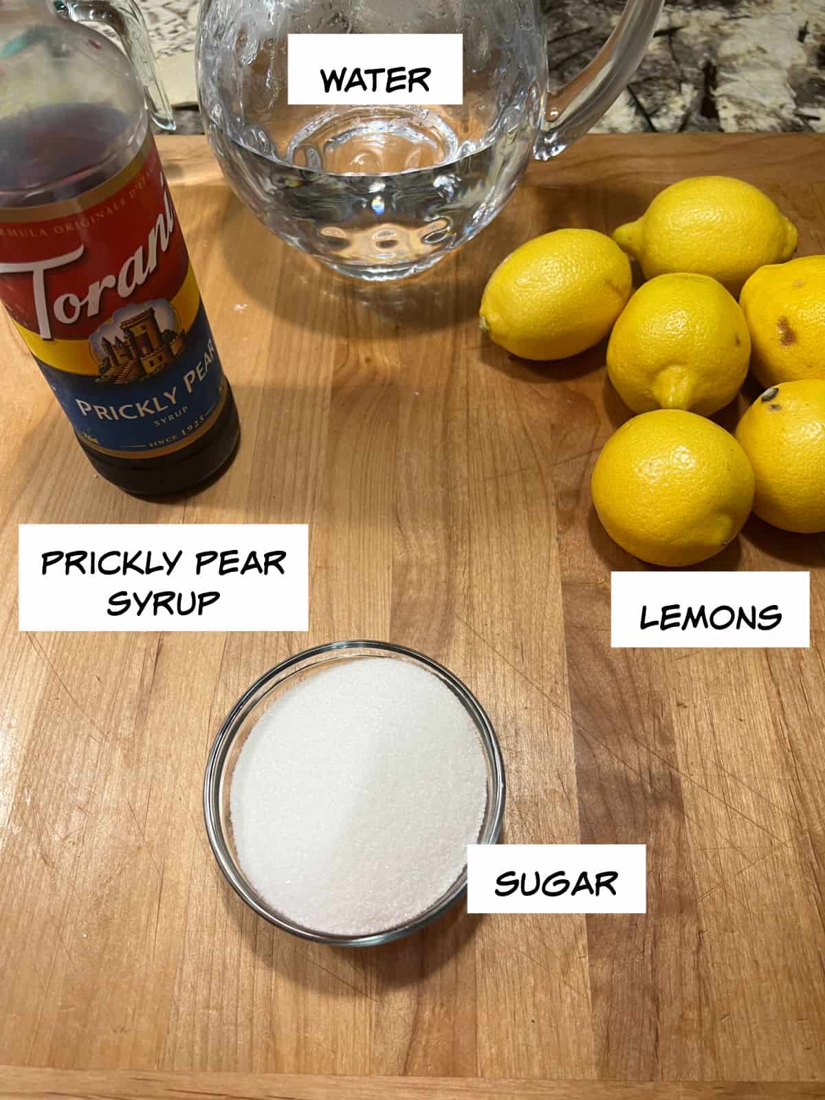 Ingredients: prickly pear syrup, lemons, sugar, and water.