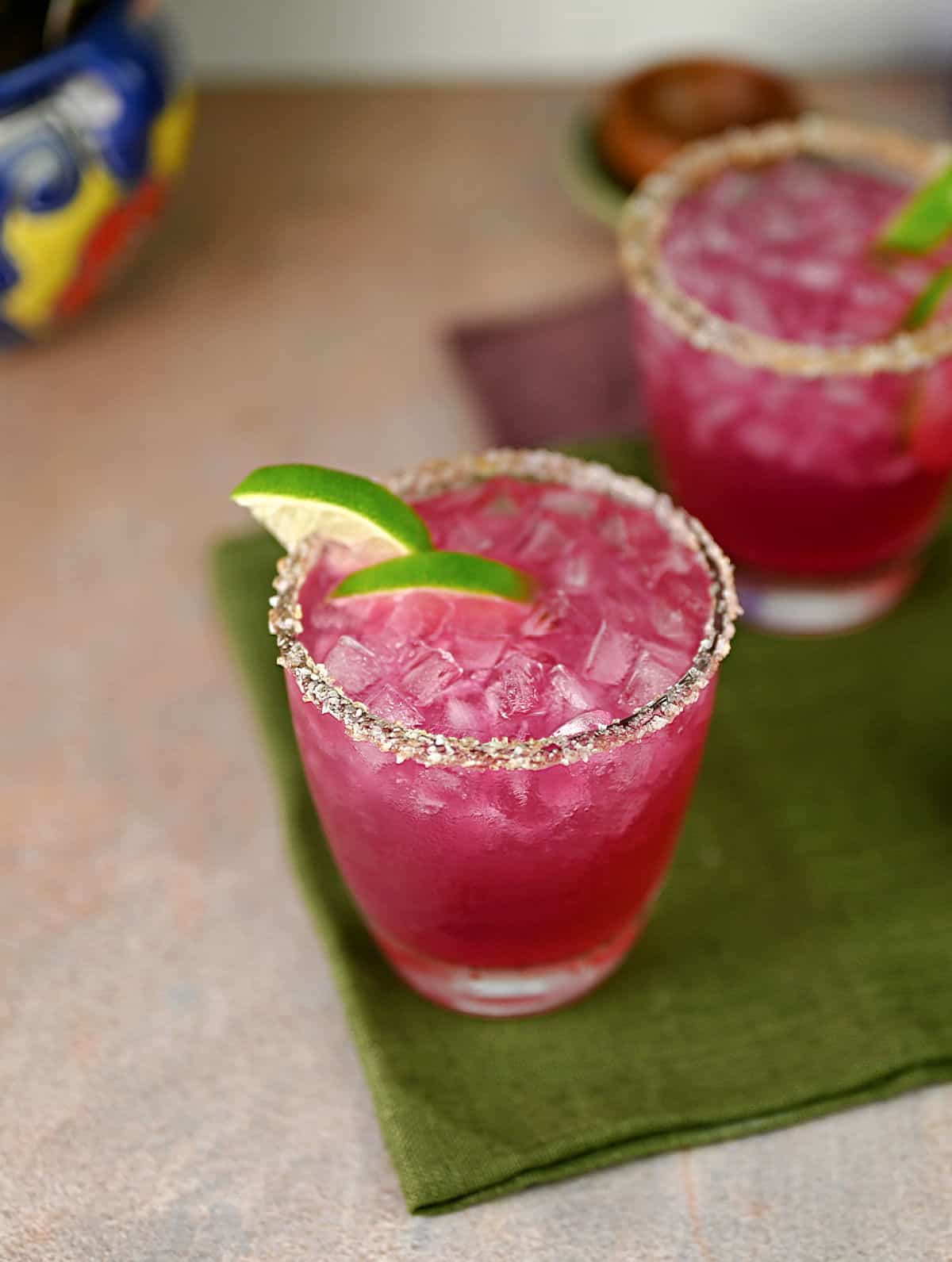 Prickly pear margaritas ready to drink.