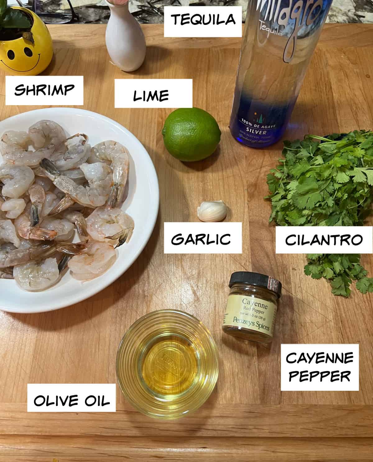 Ingredients: shrimp, tequila, lime, garlic, cilantro, cayenne pepper, olive oil.