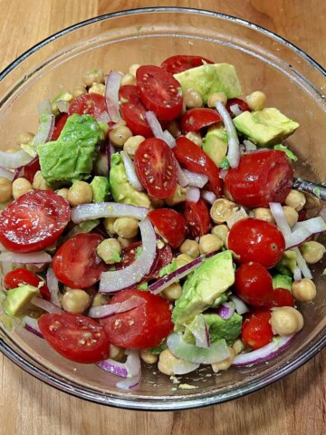 Chickpea avocado salad ready to eat.