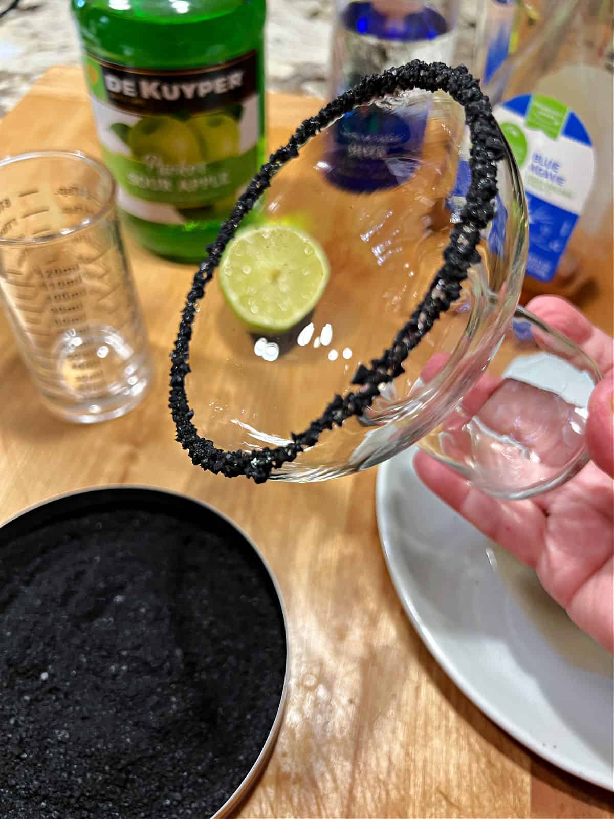 Black salt rim on the prepared glass.