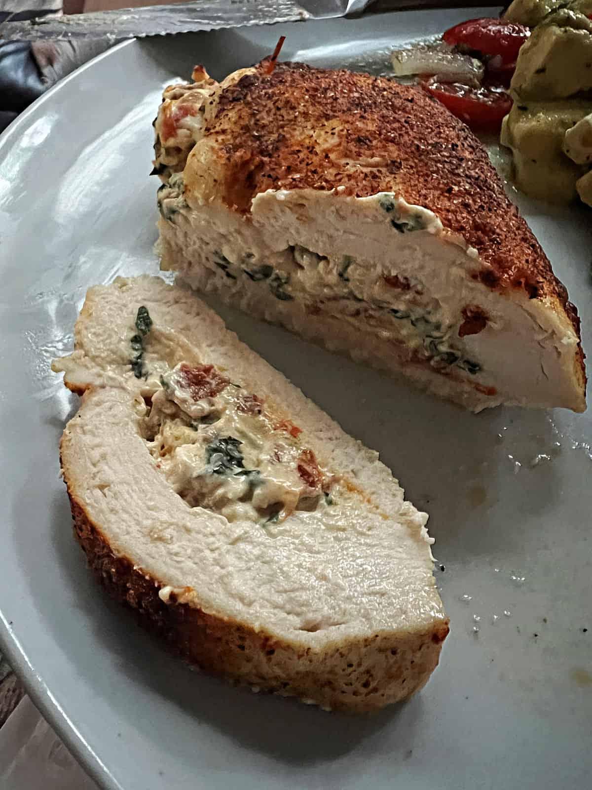 Sliced stuffed chicken breast.