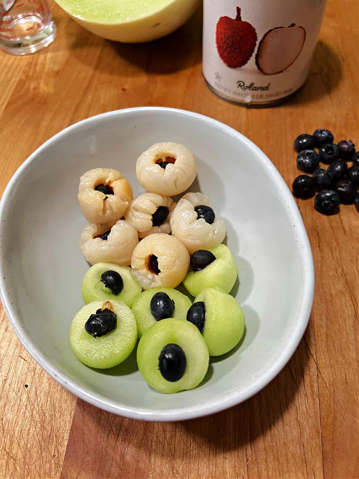 A bowl of assembled eyeballs for the Halloween punch.