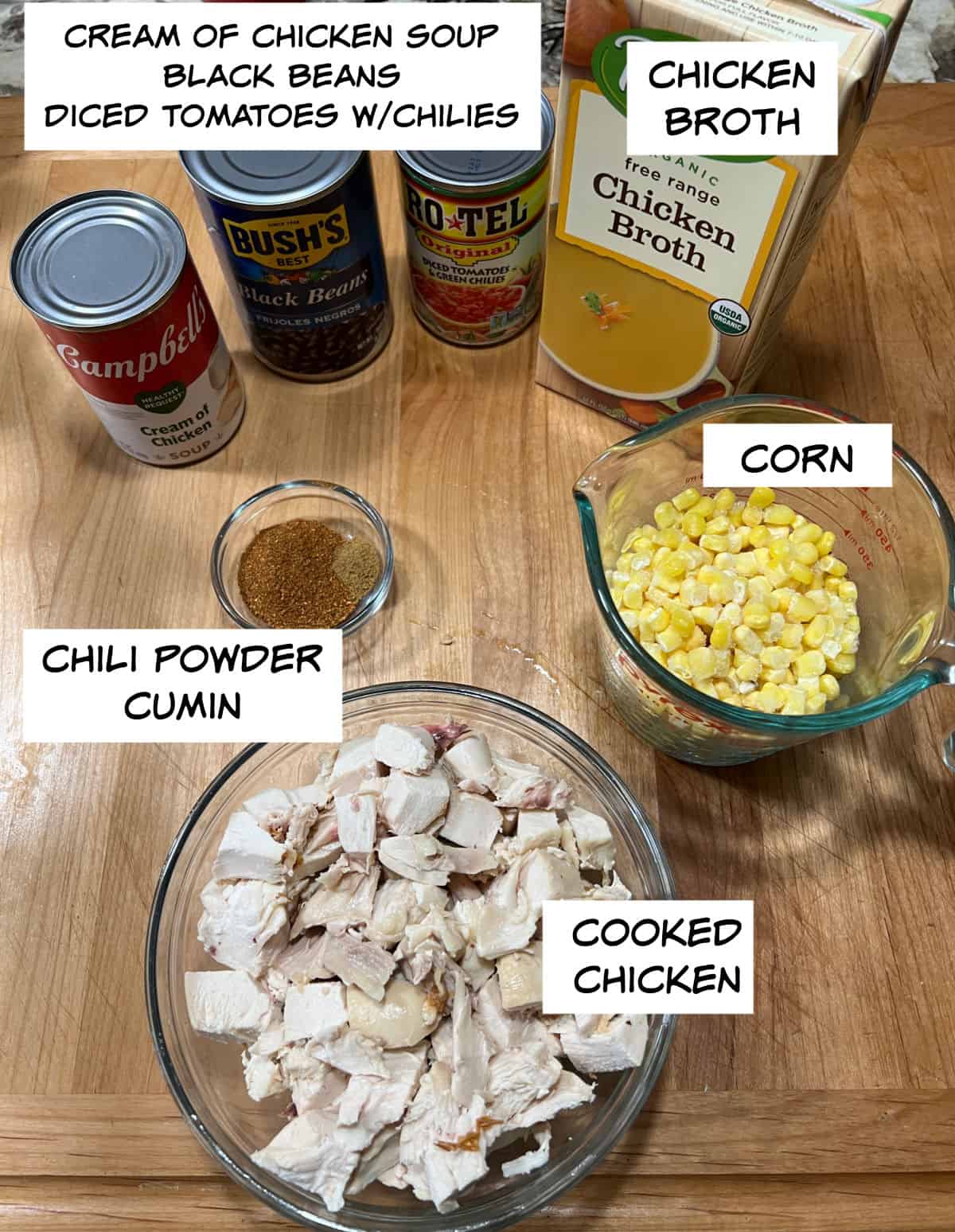 Ingredients: cream of chicken soup, black beans, diced tomatoes with chilies, chicken broth, corn, chili powder, cumin, and cooked chicken.