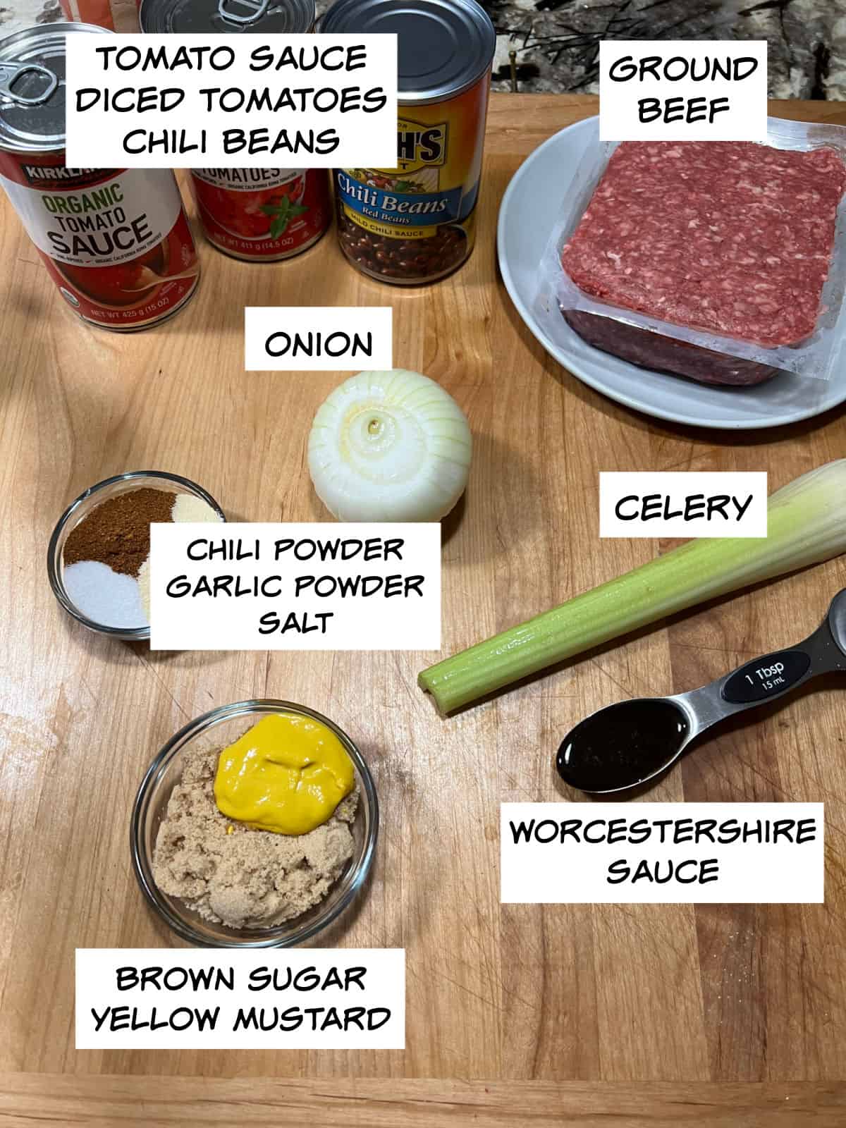 Ingredients: tomato sauce, diced tomatoes, chili beans, ground beef, onion, celery, chili powder, garlic powder, salt, worcestershire sauce, brown sugar, and yellow mustard.