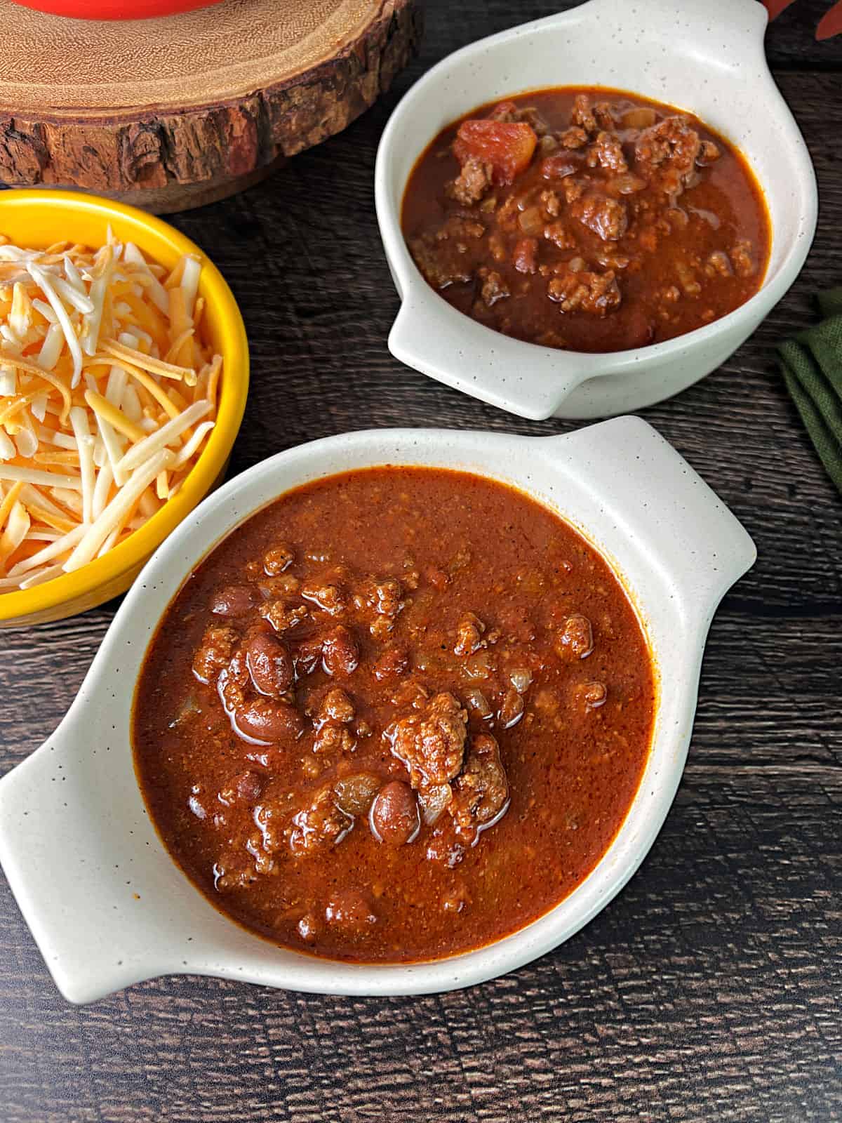 2 bowls of old fashioned chili ready to eat.