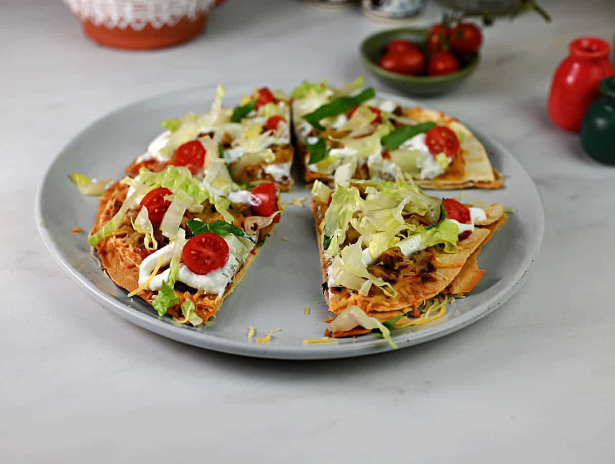 Air fryer Mexican pizza on a plate.