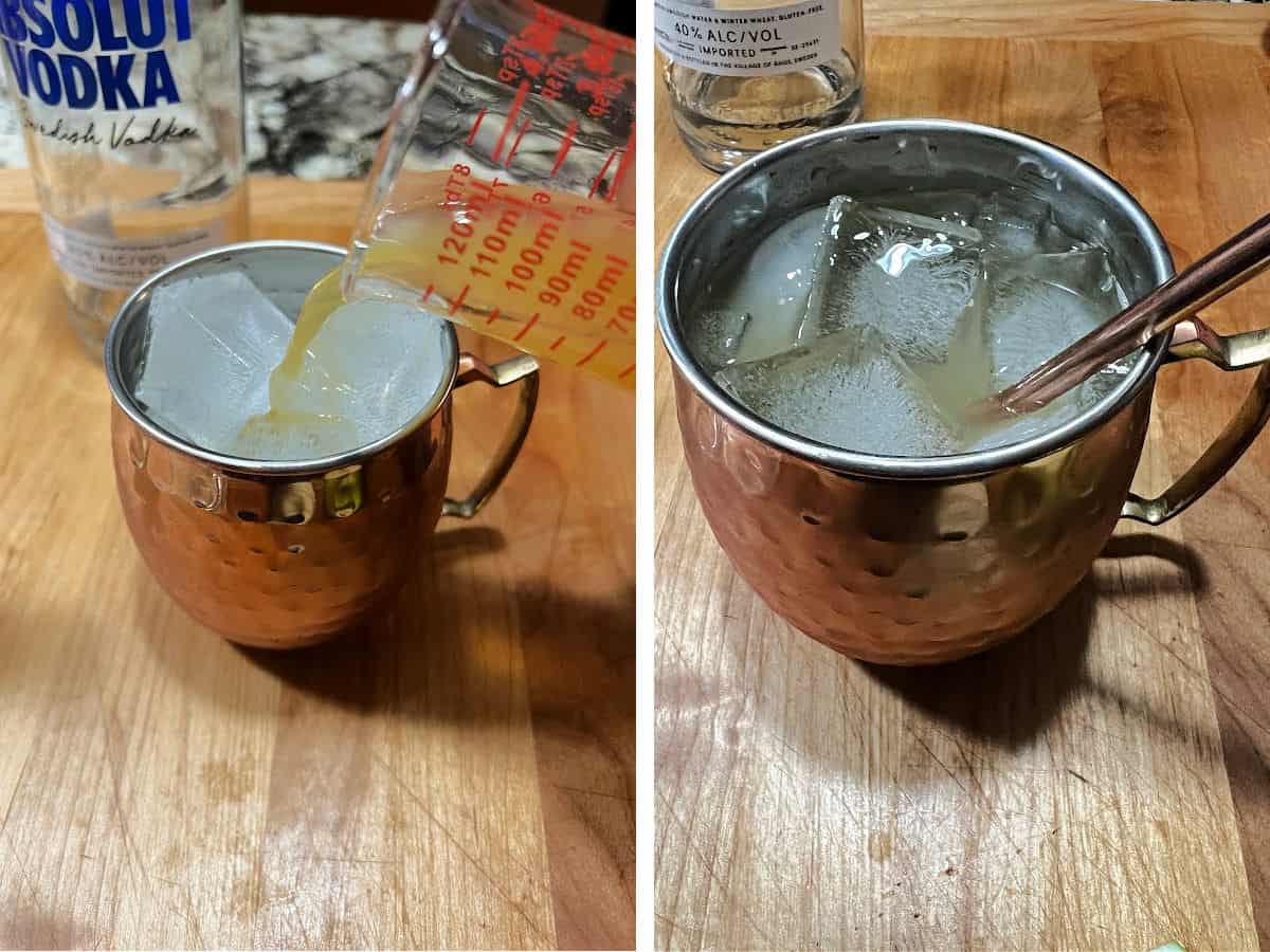 mixing the apple cider moscow mule in a copper mug.