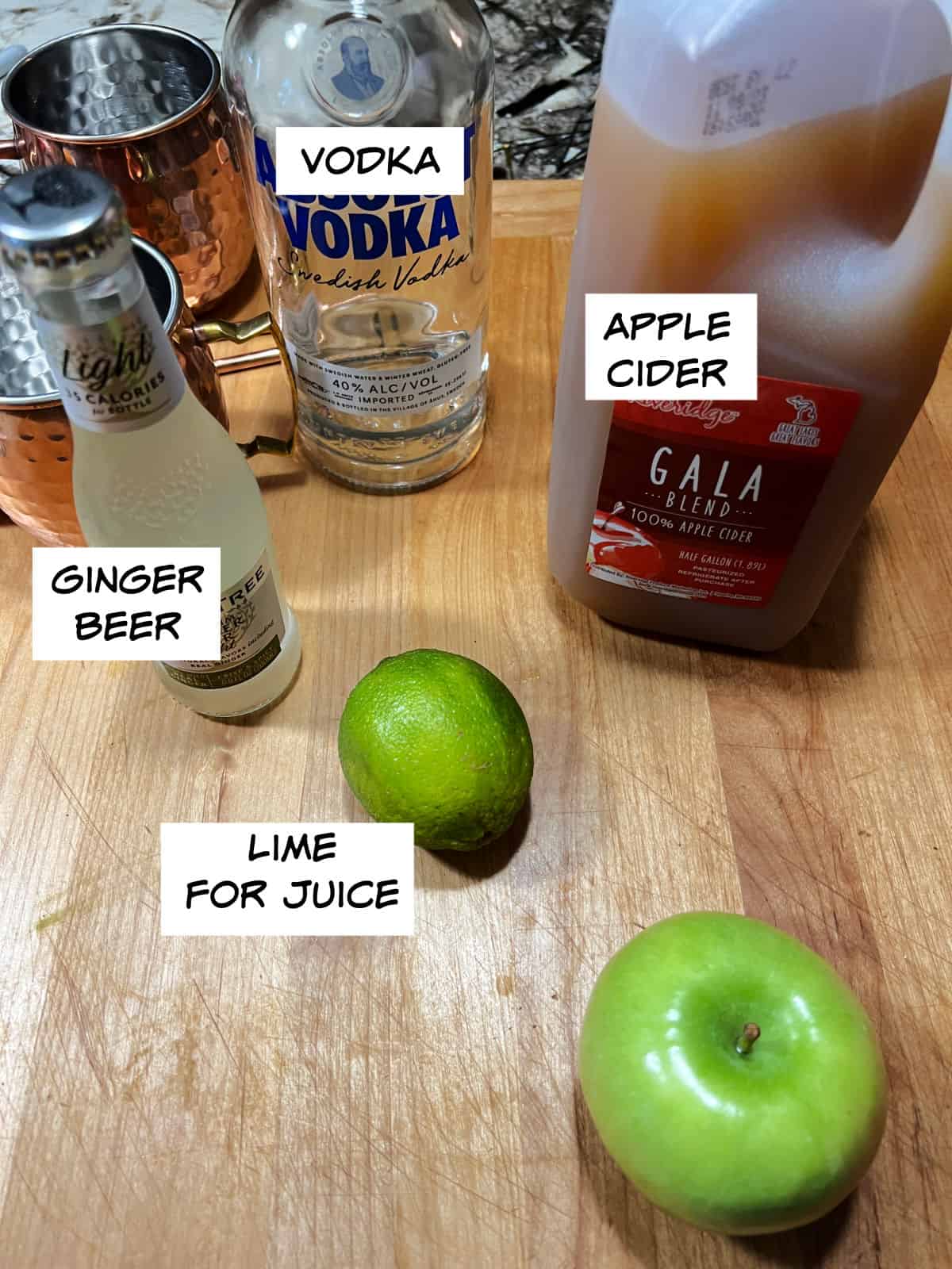 Ingredients: vodka, ginger beer, cider, lime for juice.